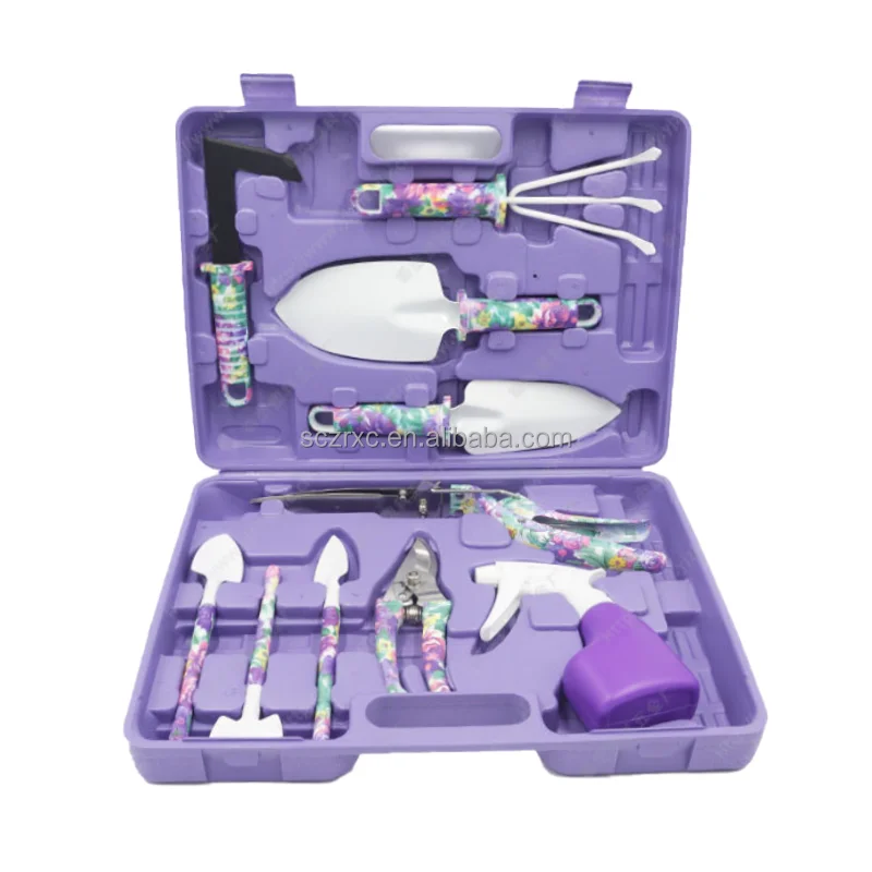 New Design 10pcs Purple Garden Hand Tool Kit With Carrying Case Steel and Plastic Handle Gardening Tool Set For Women