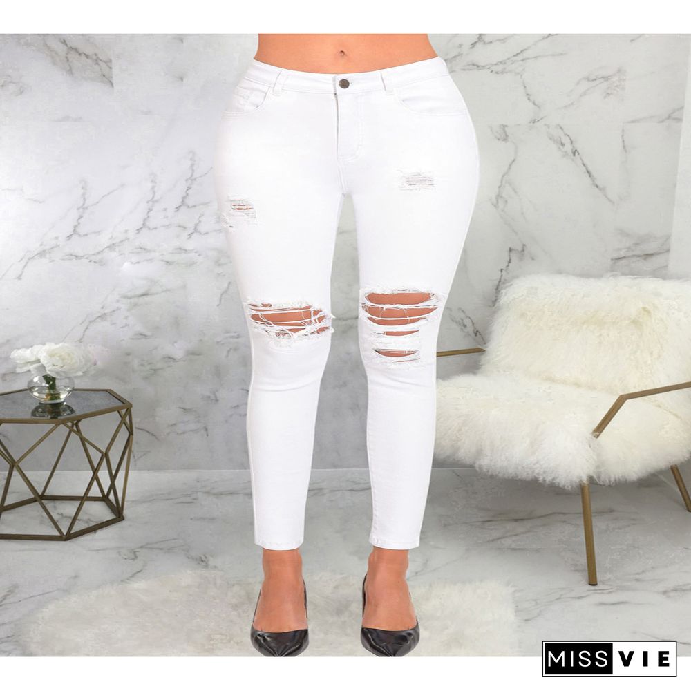 High Waist Ripped Holes Denim Pencil Pants