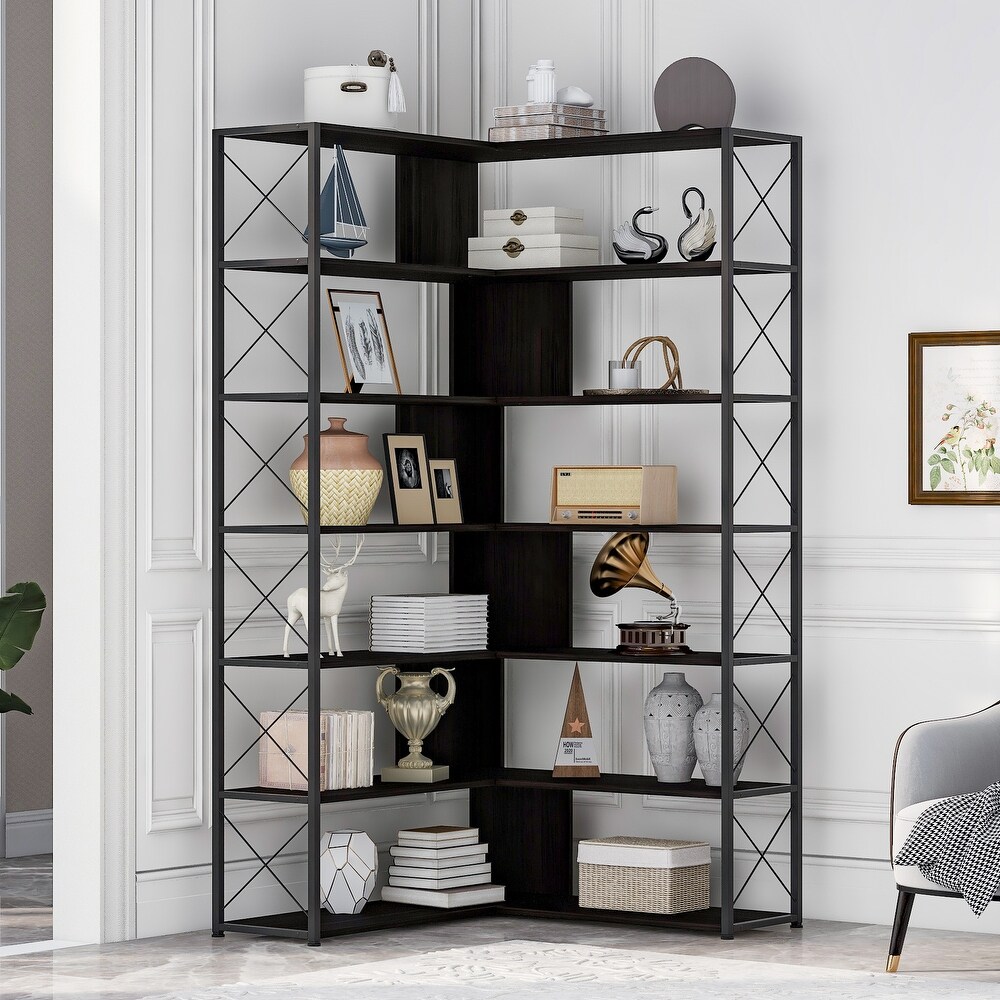 7 Tier Bookcase Home Office Bookshelf  Industrial Style Shelf with Open Storage  L Shaped Corner Bookcase with Metal Frame