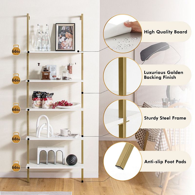 5 Tier Ladder Shelf Wall-Mounted Bookcase with Steel Frame-Golden