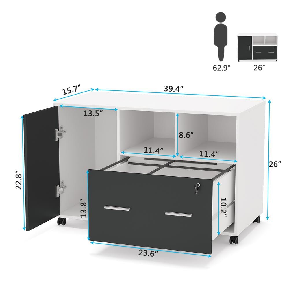 BYBLIGHT Atencio White Lateral Filing Cabinet with Storage Shelves Mobile Printer Stand BB-C0312XF