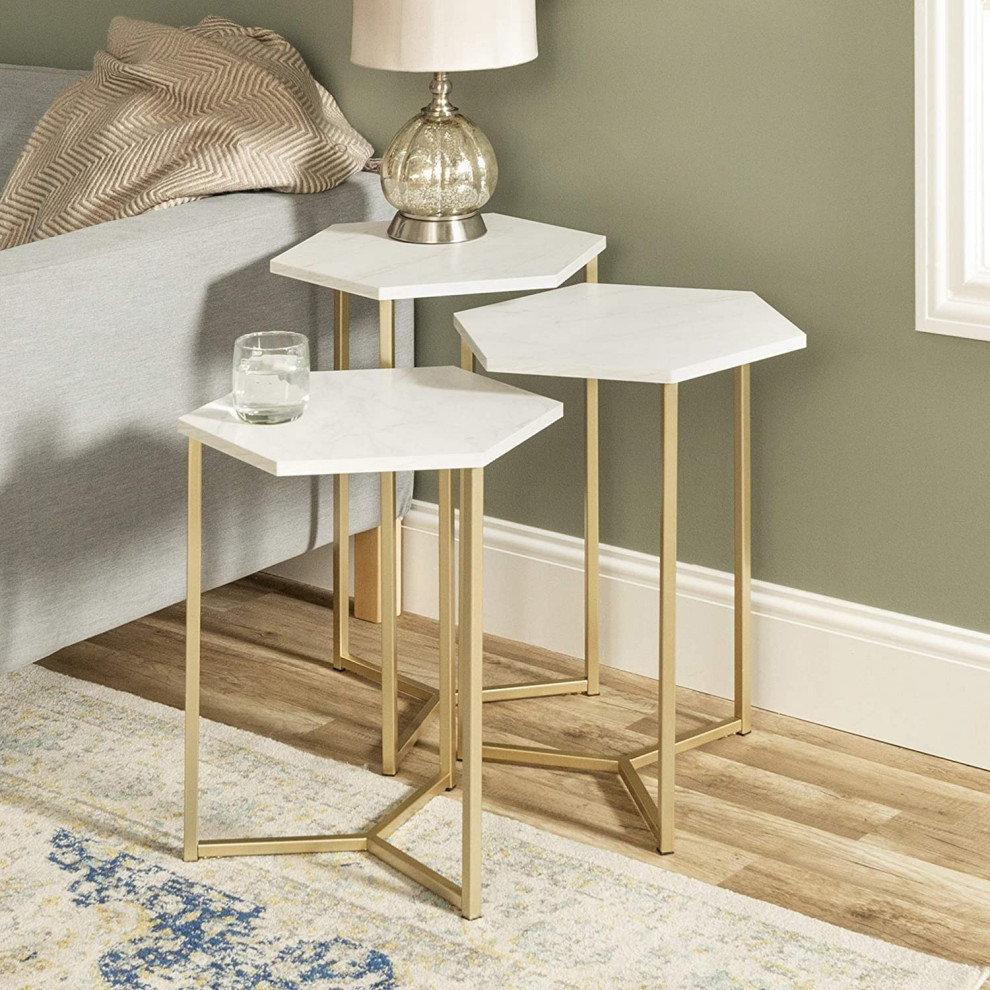 Marble and Gold Modern Hexagon Nesting Side End Table Set   Transitional   Coffee Table Sets   by Imtinanz  LLC  Houzz