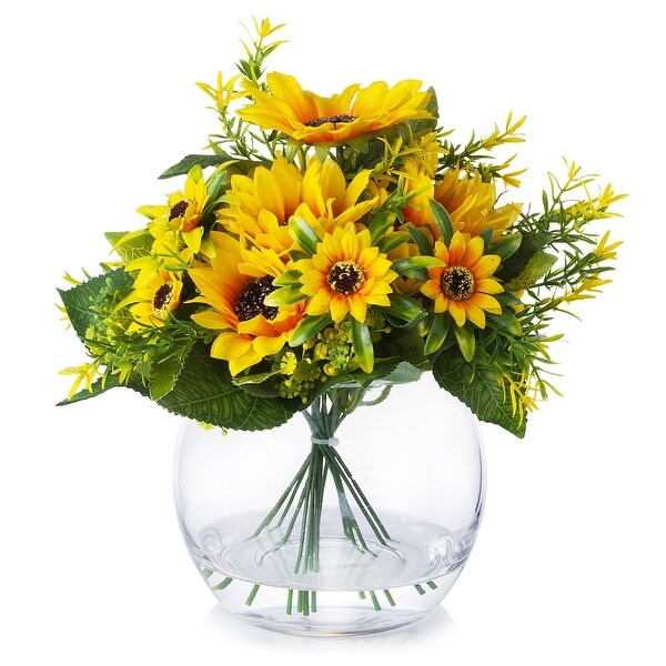 Enova Home Artificial Mixed Silk Sunflowers Fake Silk Flowers Arrangement in Clear Glass Vase with Faux Water for Home Decor