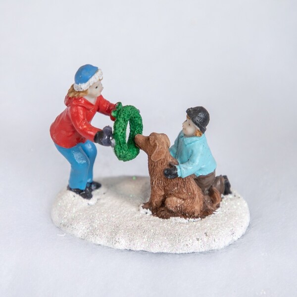 Children with Dog and Wreath Christmas Village Display Piece