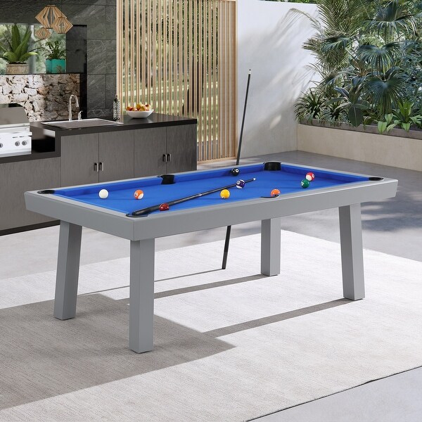 Newport Outdoor Patio 7ft Slate Pool Table 6Seater Dining Set with 4 Benches and Accessories，Cement Finish