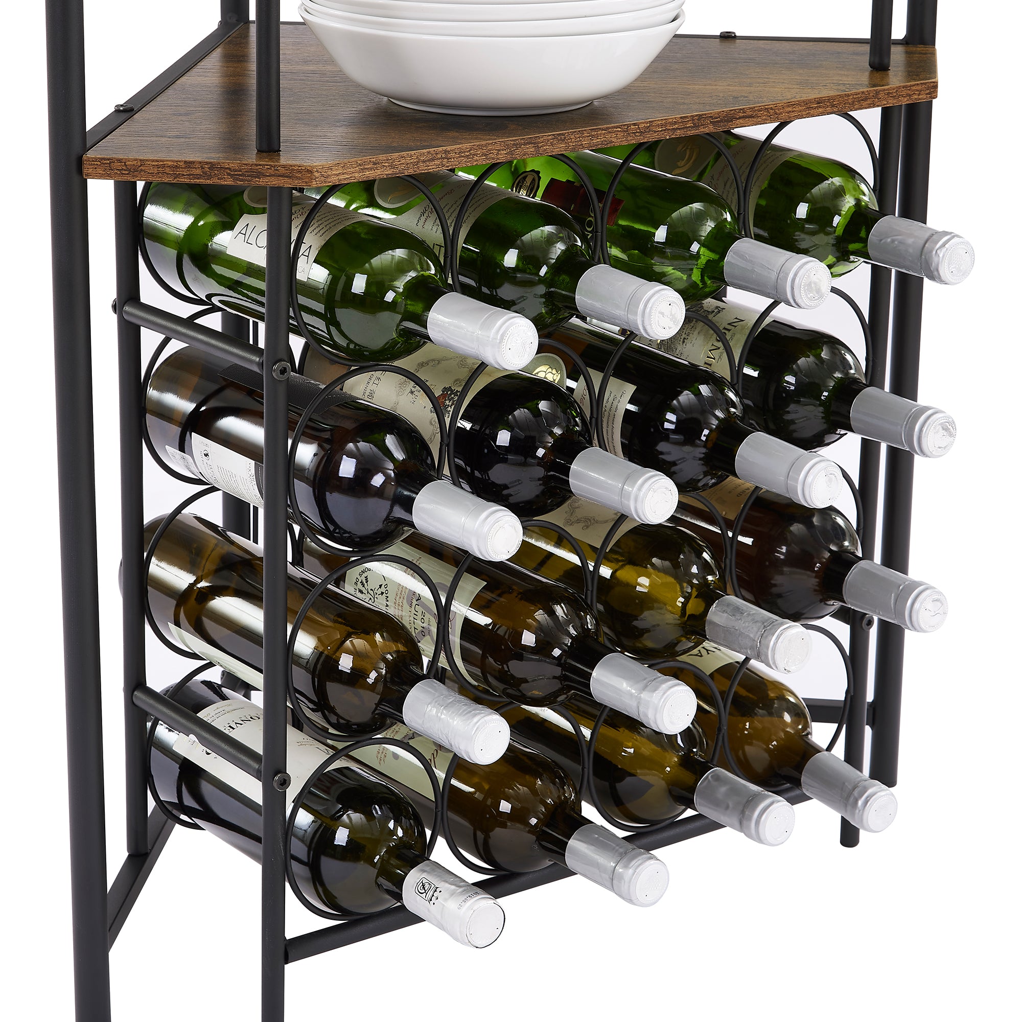 VECELO Corner Wine Rack Freestanding Floor 16 Bottles Wine Rack with 6 Glass Holder， Wooden Bar Cabinet Storage Display Shelf for Home Kitchen Dining Room， Brown