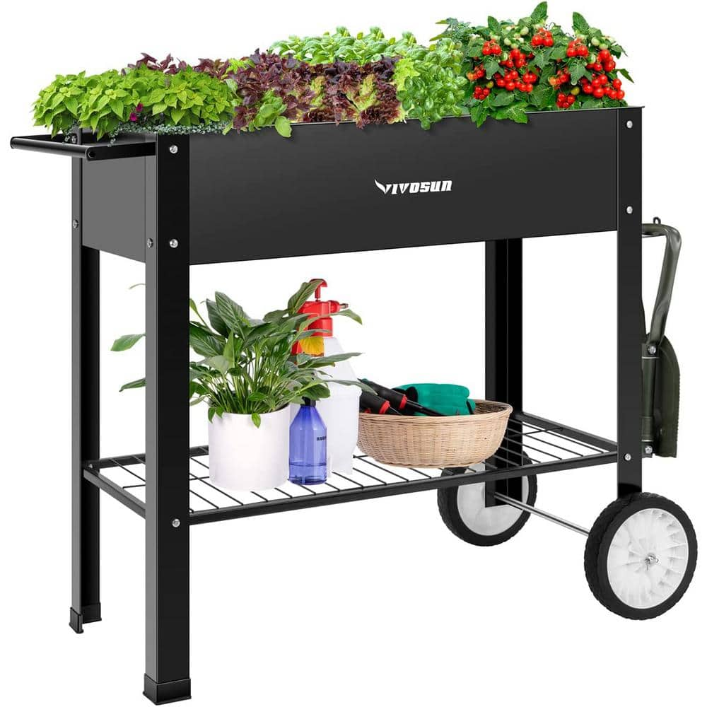 VIVOSUN 37.79 in. x 20.31 in. x 32.87 in. Black Metal Mobile Elevated Planter Box with Wheels and Storage Shelf wal-WHEEL-001J