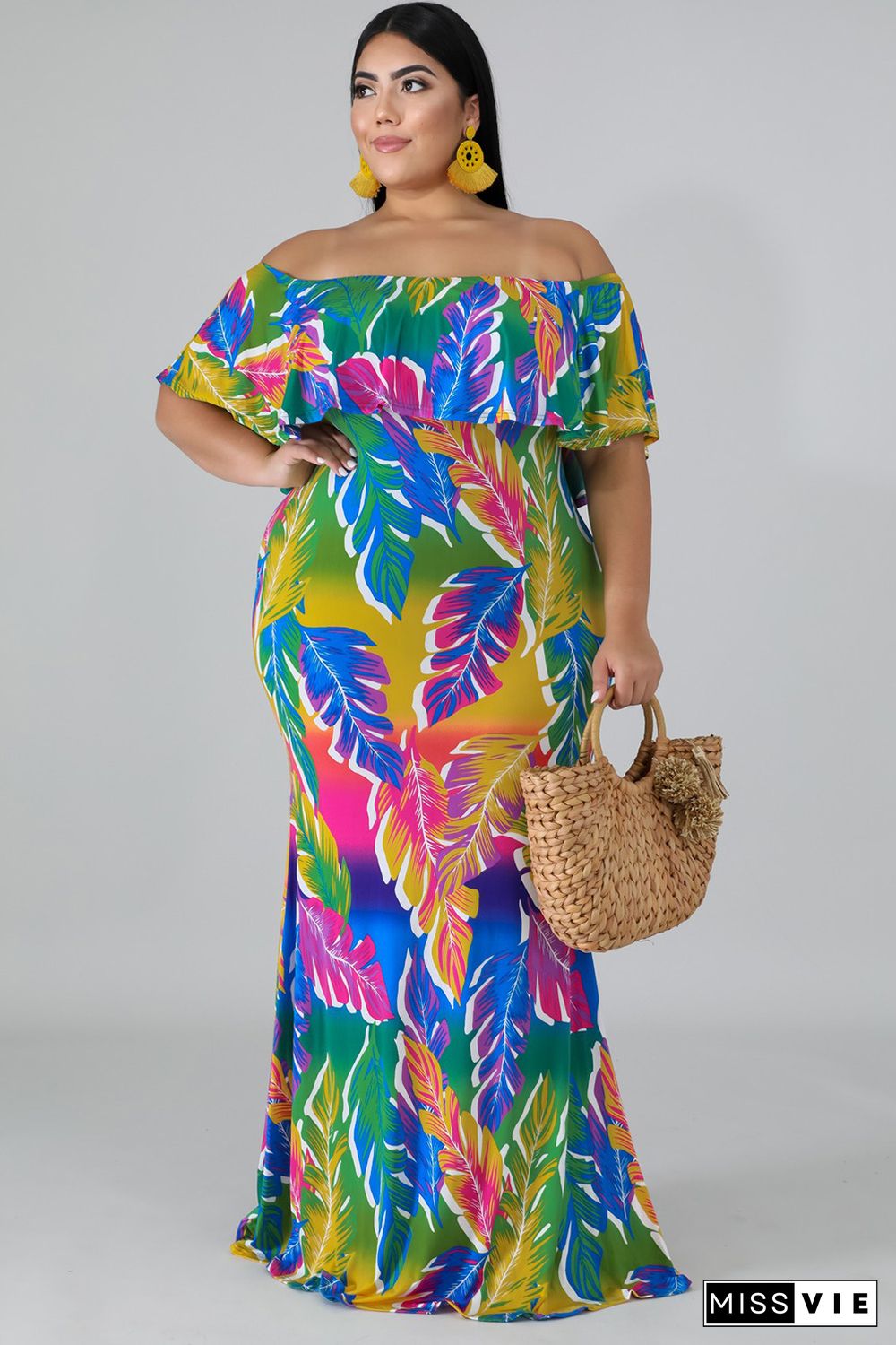 Plus Size Tropical Palms Mermaid Dress