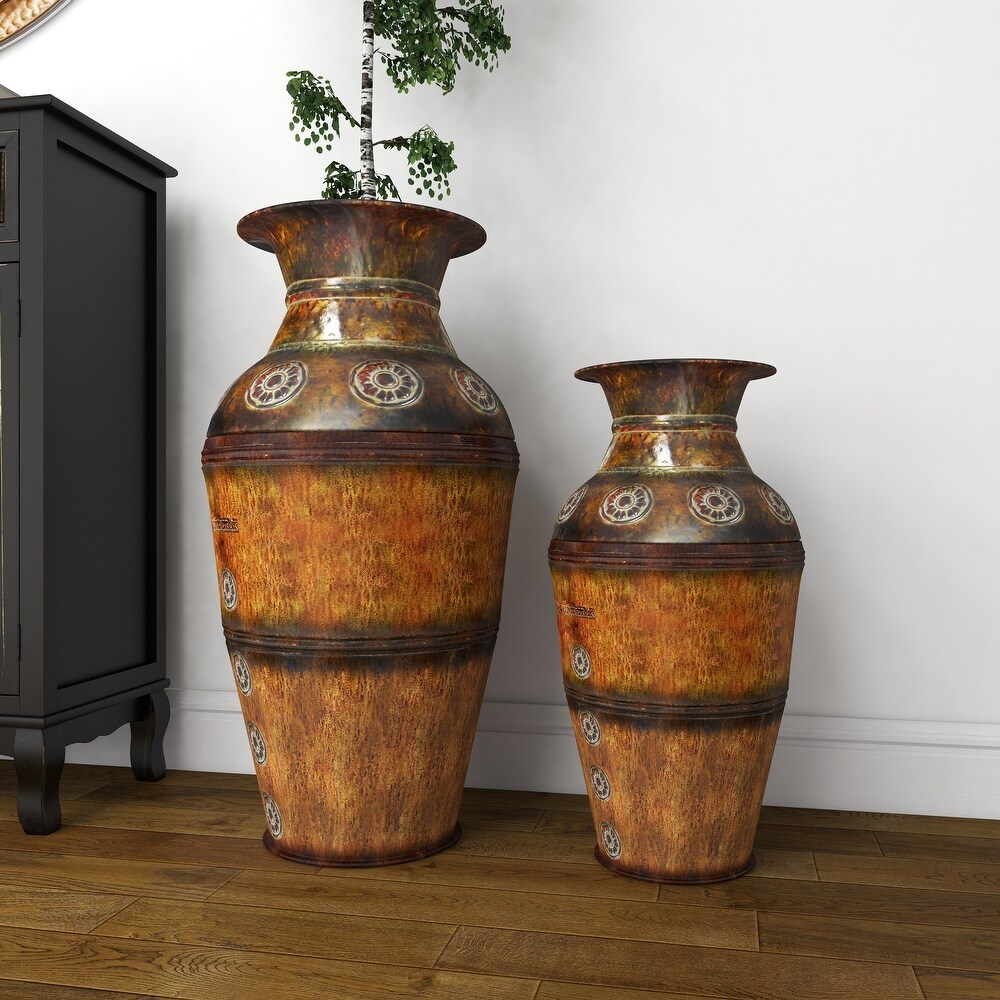 Brown Metal Indoor Outdoor Large Vase with Floral Relief (Set of 2)