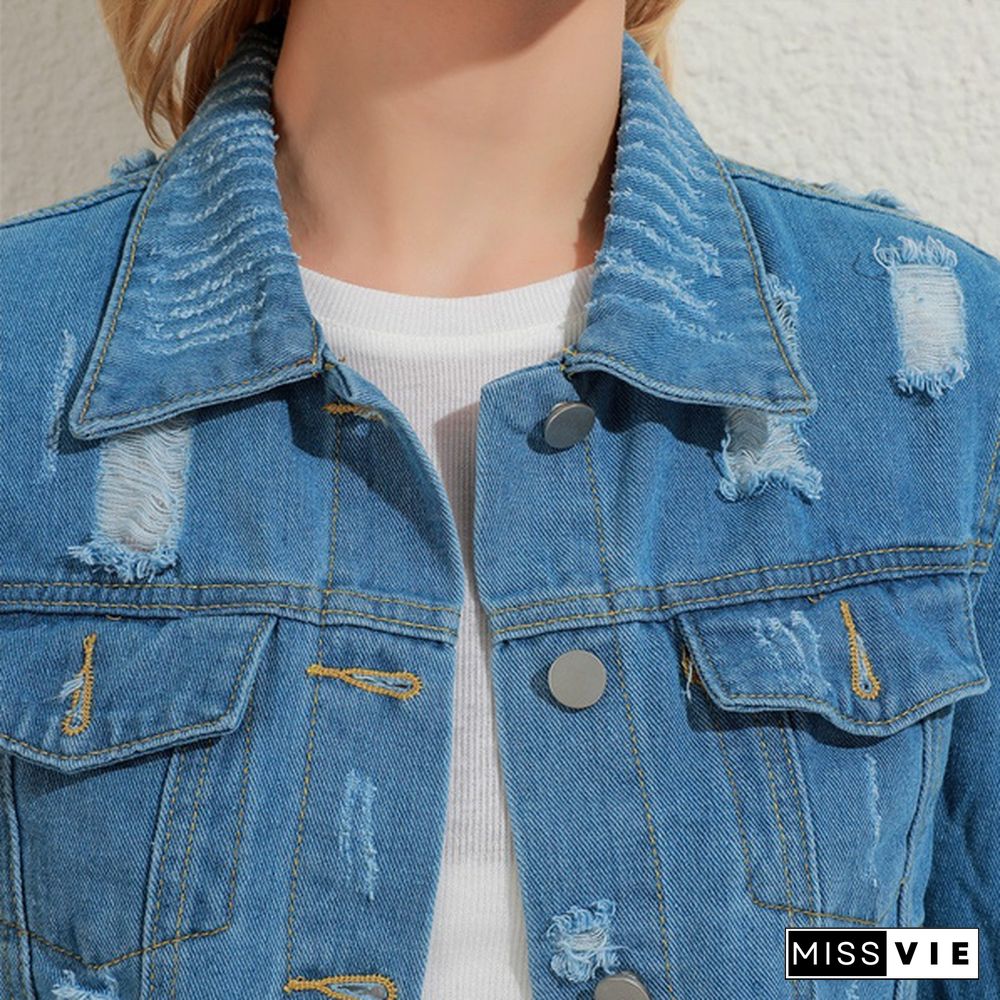 Women Ripped Denim Jackets Vintage Casual Short Jean Jacket Puff Sleeve Female Coat Streetwear