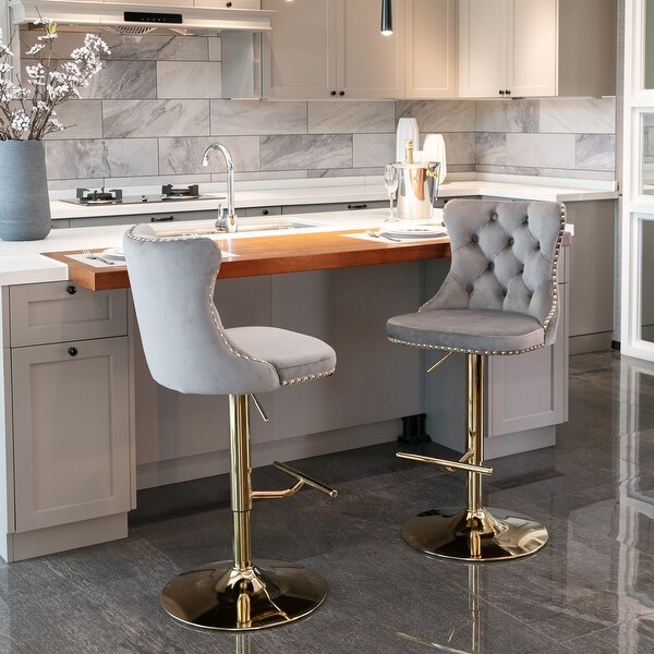 Golden Swivel Velvet Barstools Adjusatble Seat Height from 25-33 Inch， Modern Upholstered Bar Stools