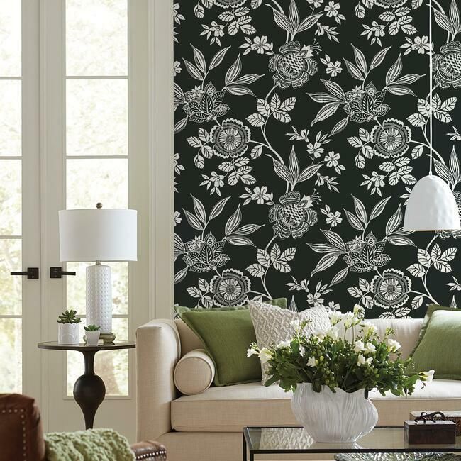 Wood Cut Jacobean Wallpaper in Black and White from the Silhouettes Collection