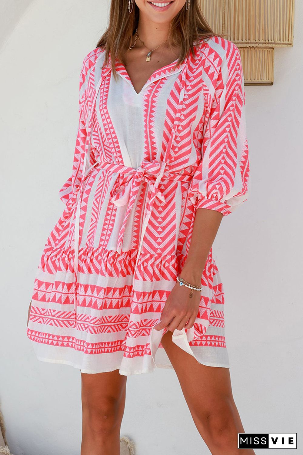 Red Geometric Print Belted Puff Sleeve Dress