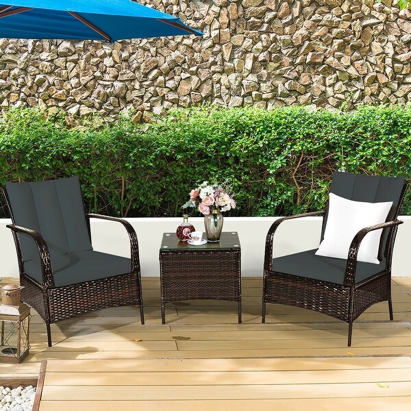 Costway 3 PCS Patio Wicker Rattan Furniture Set Coffee Table and 2