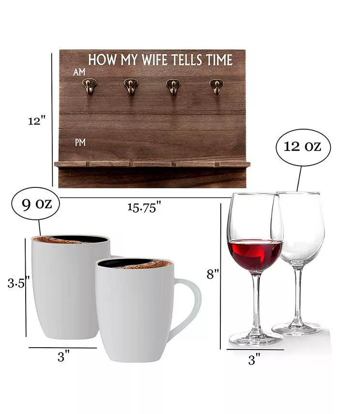 Bezrat How My Wife Tells Time Wall Mounted Wine Rack with Wine Glasses and Coffee Mugs Set of 9