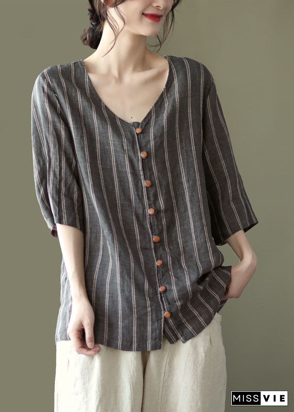 Plus Size Grey V Neck Striped Button Linen Shirts Half Sleeve