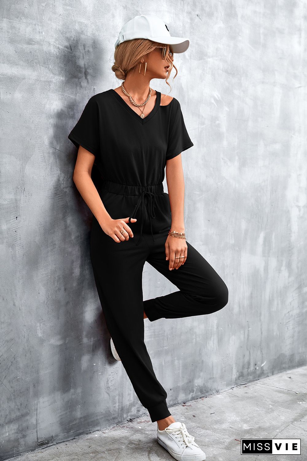 Cut Shoulder Drawstring Waist Sleeveless Jumpsuit