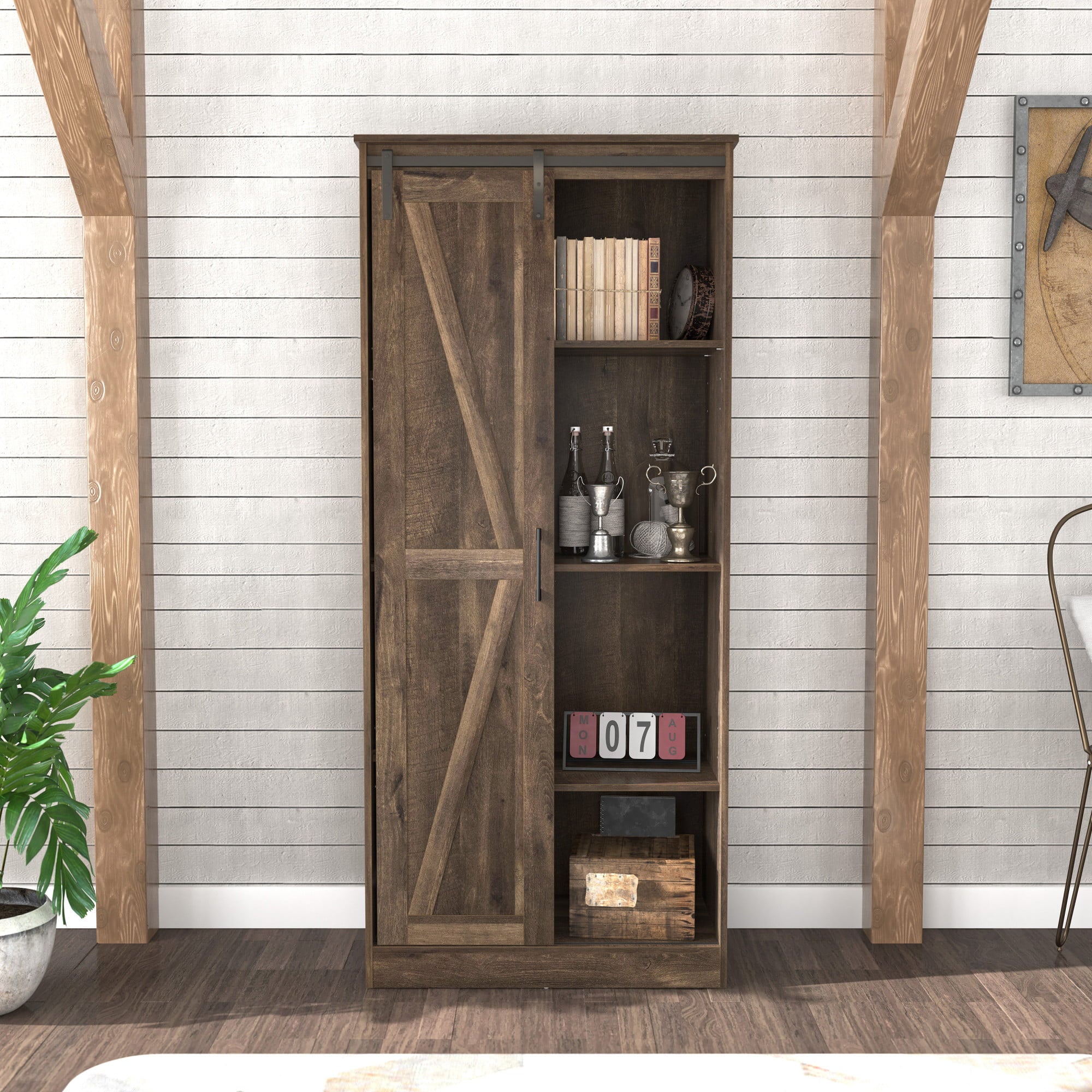 Woven Paths Shelton Wood Kitchen Pantry with 1 Sliding Barn Door， Dusty Oak