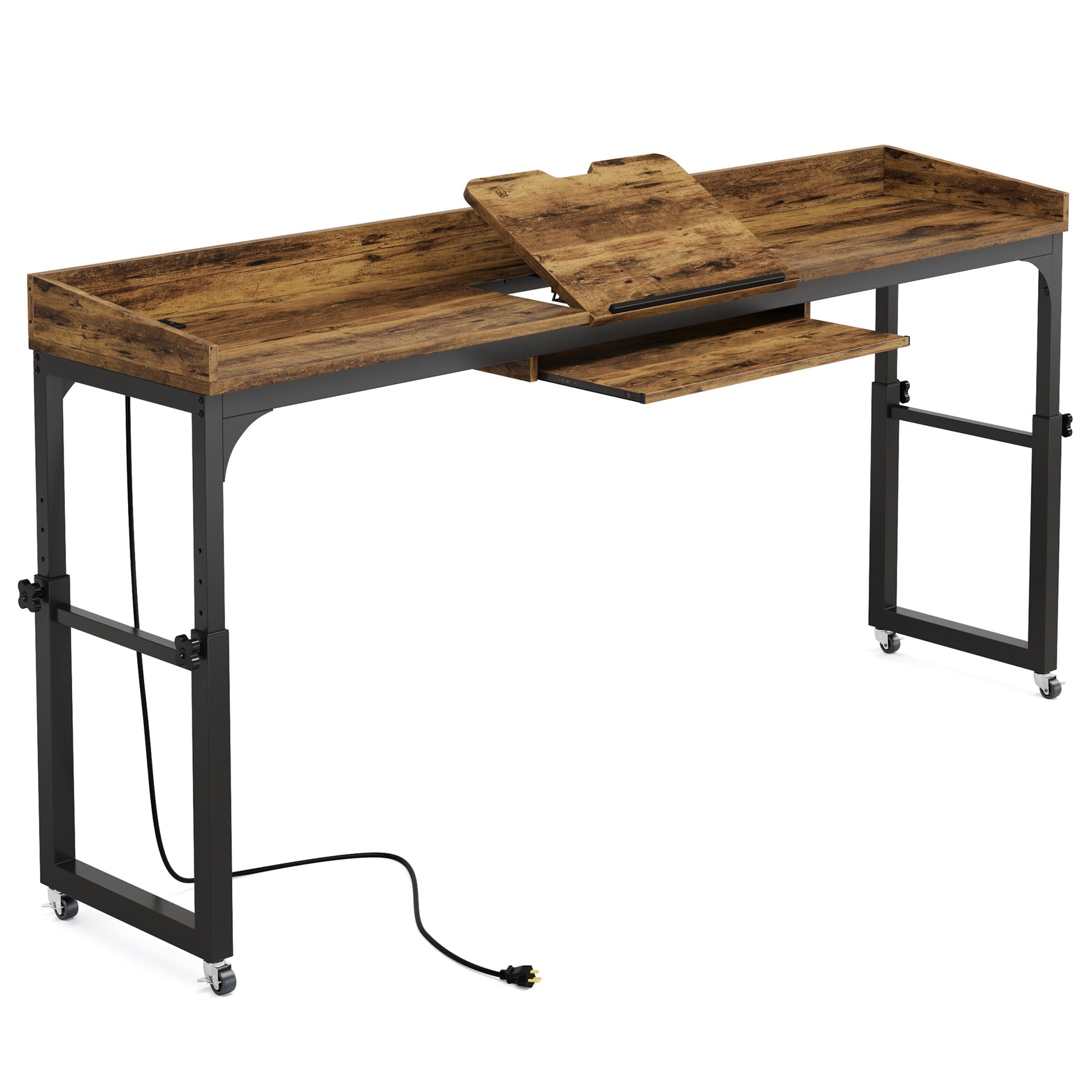 Height Adjustable Overbed Table with Wheels & Charging Station