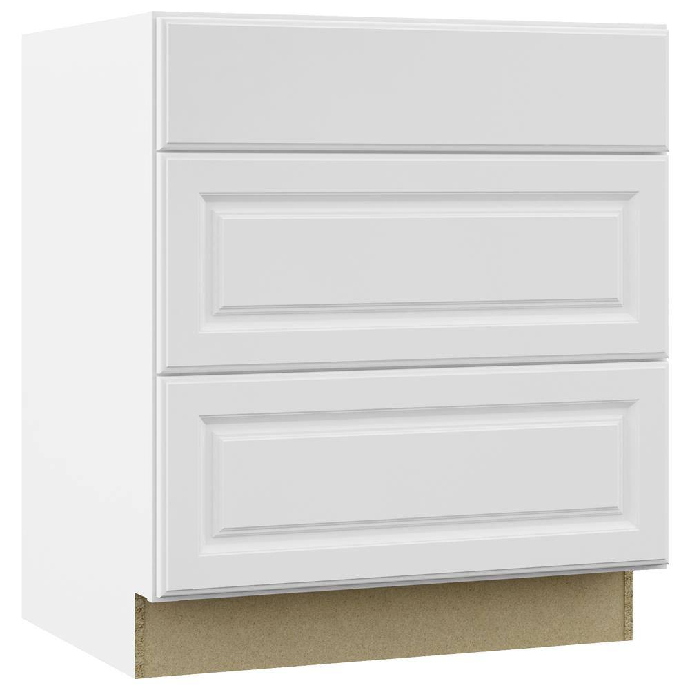 Hampton Bay Hampton Satin White Raised Panel Stock Assembled Pots and Pans Drawer Base Kitchen Cabinet (30 in. x 34.5 in. x 24 in.) KDB30-SW