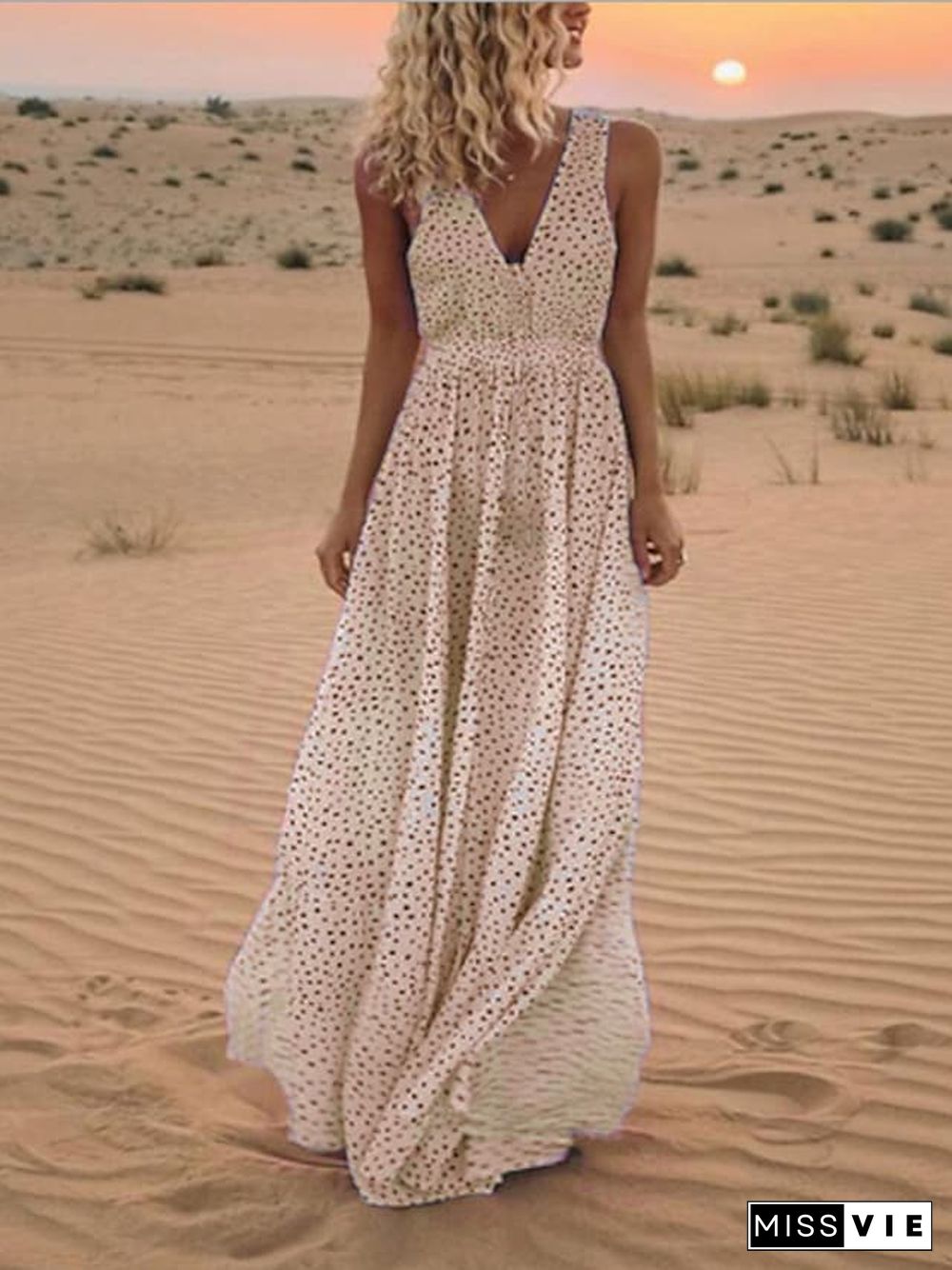 Women's Swing Dress Maxi long Dress White Blue Blushing Pink Beige Sleeveless Polka Dot V Neck Hot S M L XL XXL 3XL White Dresses