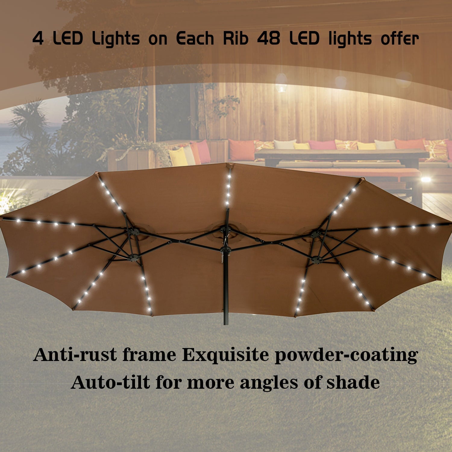 Autlaycil Table Umbrella 15FT Double-Sided Patio Umbrella W/ Solar Lights, Outdoor Market Umbrella W/ Crank-Brown