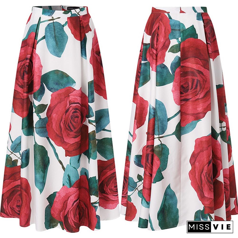 Women Floral Print Long Skirt Swing Dress High Waist Pleated Party Casual Umbrella Maxi Skirt Plus Size