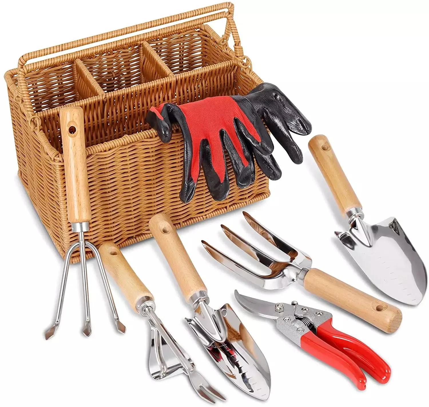 8 Piece Garden Tool Set with Basket Cute Indoor Plants Stainless Steel Gardening Hand Tools Kit with Wood Handle