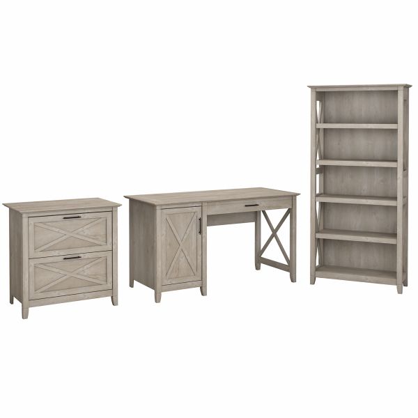 Bush Furniture Key West 54W Computer Desk with 2 Drawer Lateral File Cabinet and 5 Shelf Bookcase in Washed Gray