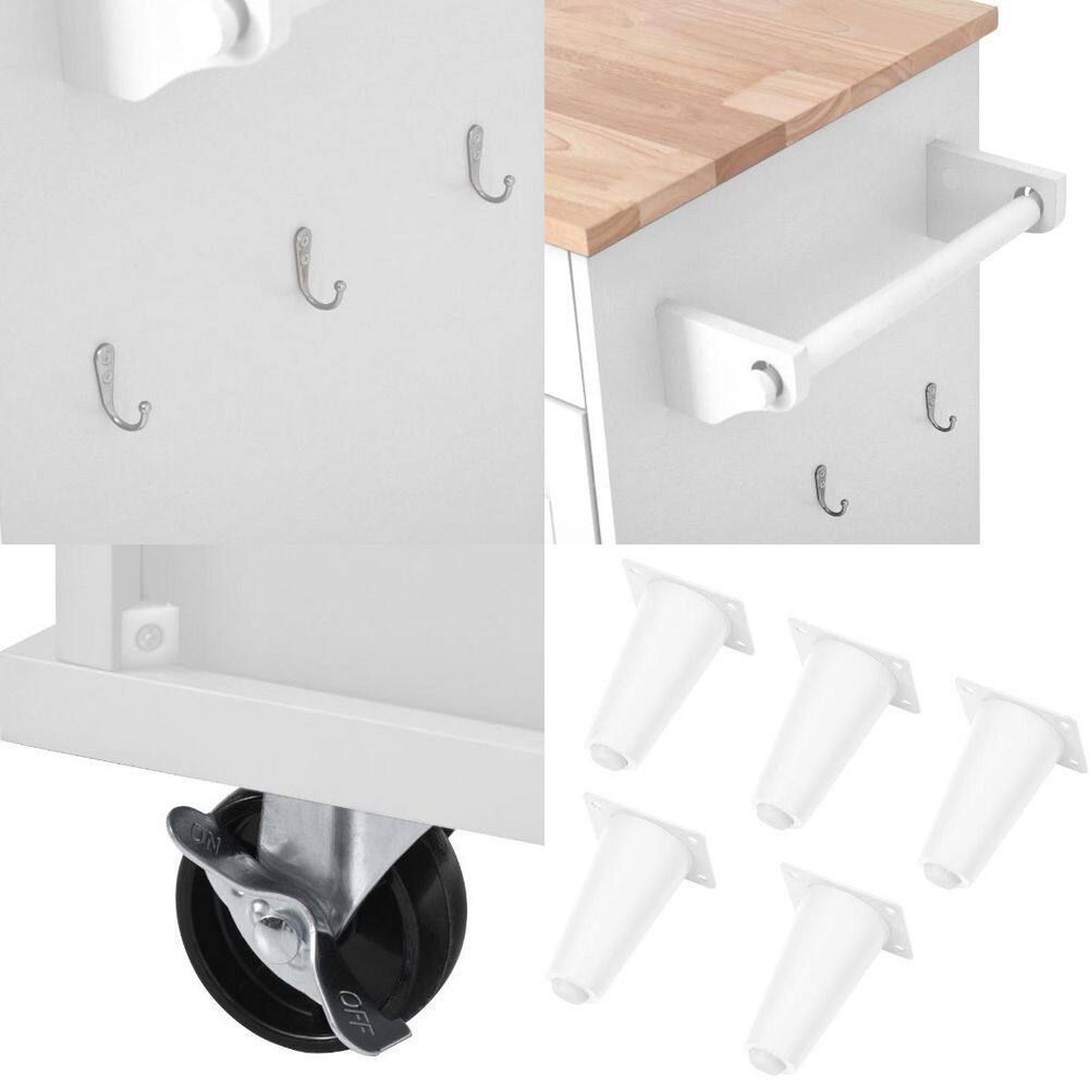 Tileon White MDF Kitchen Island with Rubber Wood Top Drawers Adjust Shelves Spice Rack and Hooks AYBSZHD2200