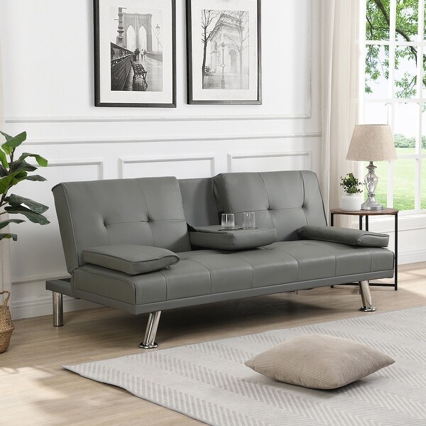 Wood Frame Futon sofa bed with Armrest， two holders