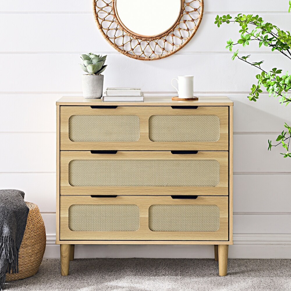 Modern rattan dresser cabinet with wide drawers and metal handles