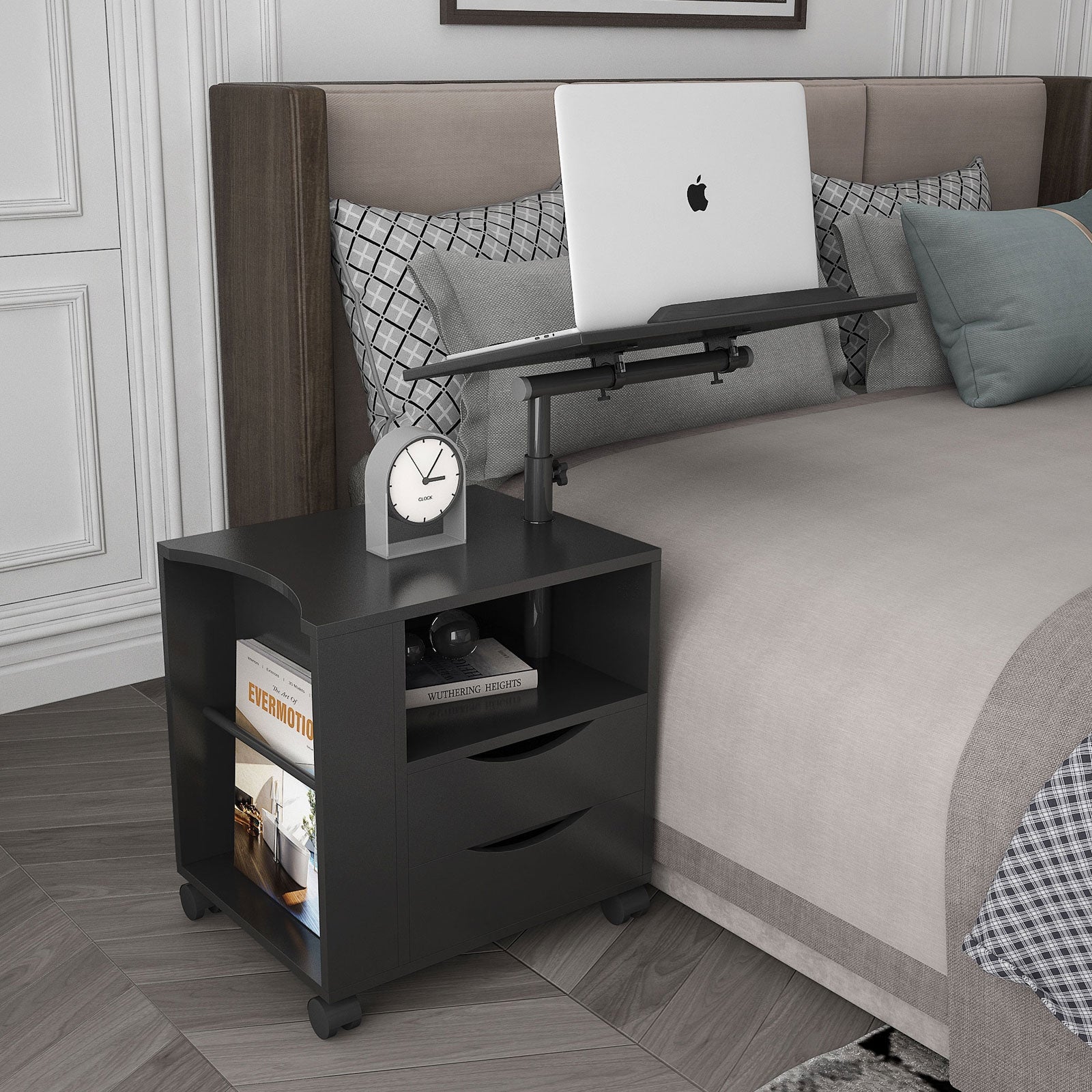 Height Adjustable Overbed End Table Wooden Nightstand with Swivel Top， Drawers， Wheels and Open Shelf， Black