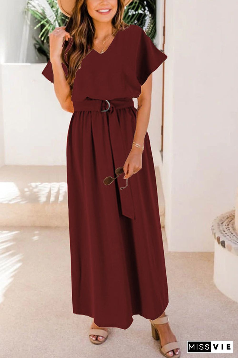 V Neck Belted Maxi Dress