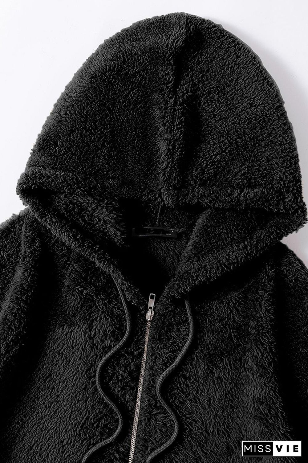 Black Drawstring Zipper Hooded Fleece Sweatshirt Coat