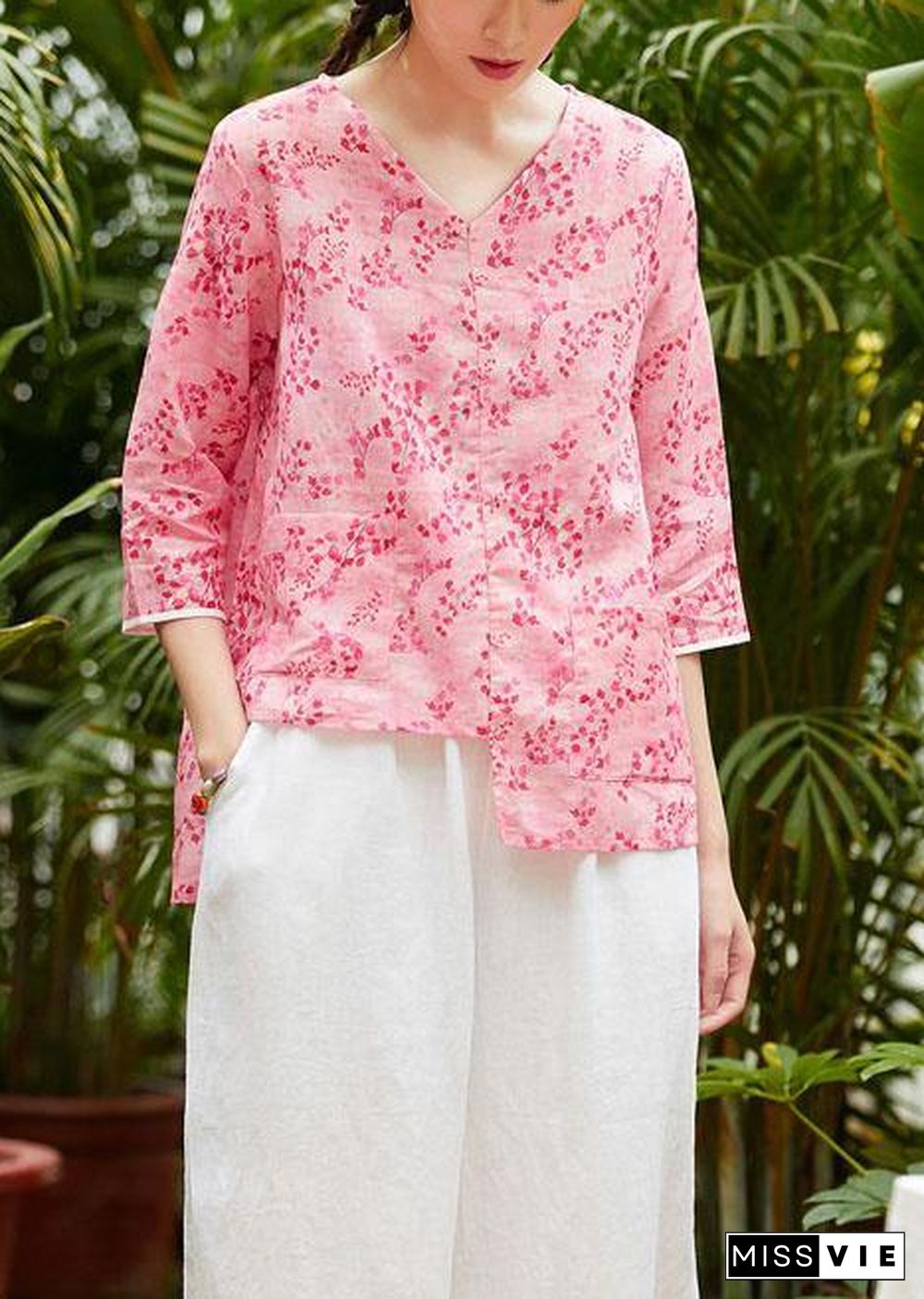 Unique v neck asymmetric linen tops women Shirts pink print blouses summer