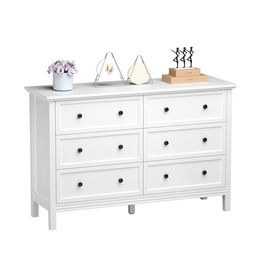 White Dresser  6 Drawer Double Dresser for Bedroom with Metal Knobs   Wide Storage  Chest of Drawers