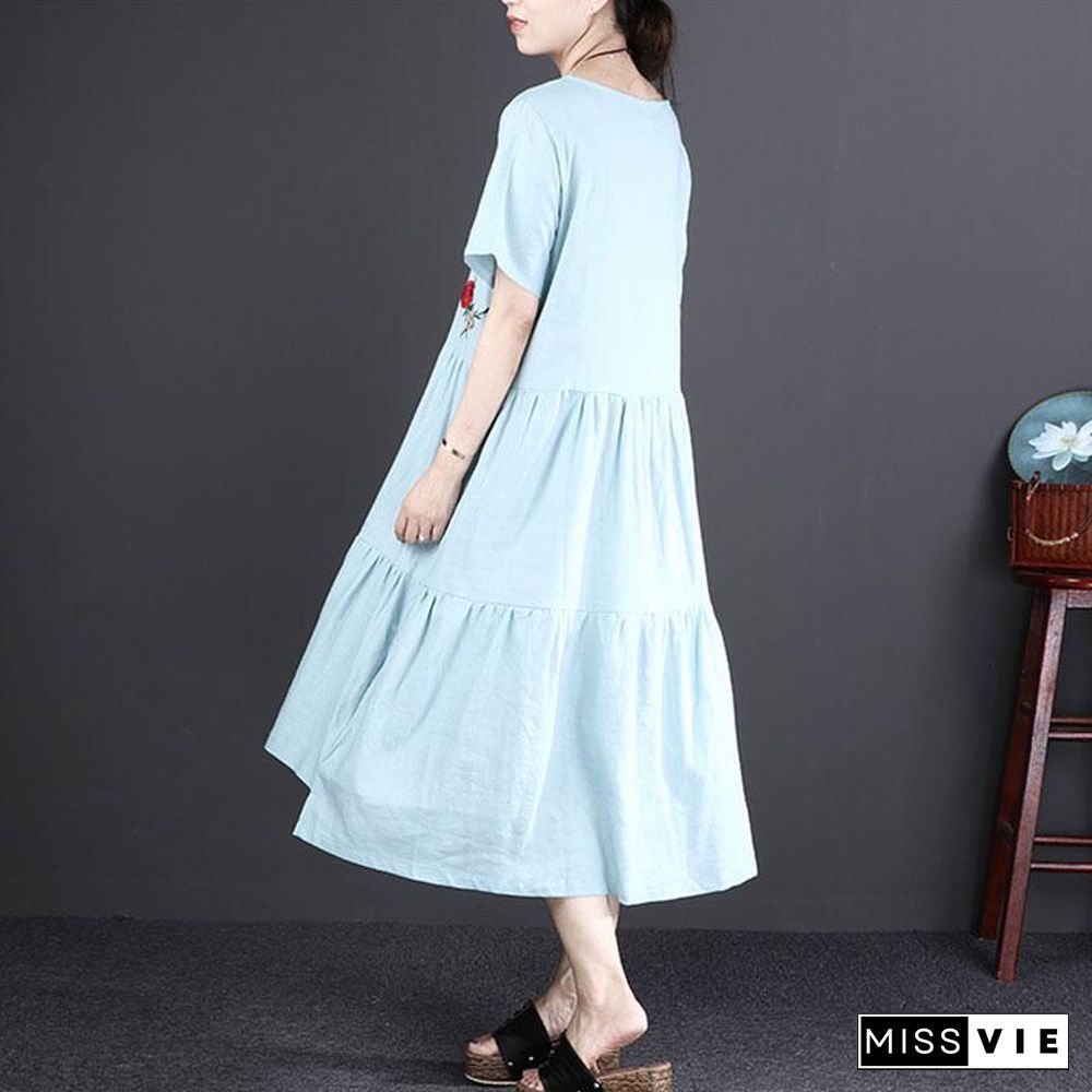 Fine linen dress oversized Short Sleeve Embroidered Flax Irregular Blue Dress