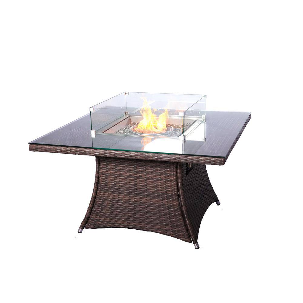 DIRECT WICKER Turnbury 47 in. x 27 in. Square Stainless Steel Propane Gas Fire Pit Table in Brown Wicker with Tempered Glass Surround PAG-1104-Table