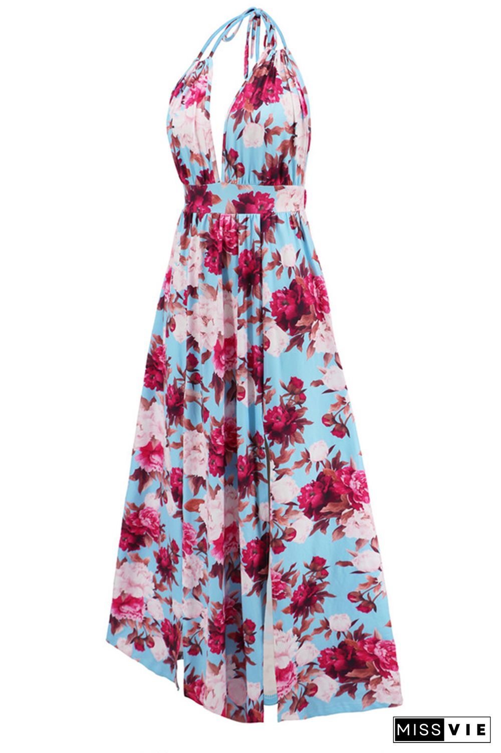 V Neck Halter Backless High Split Floral Maxi Dress