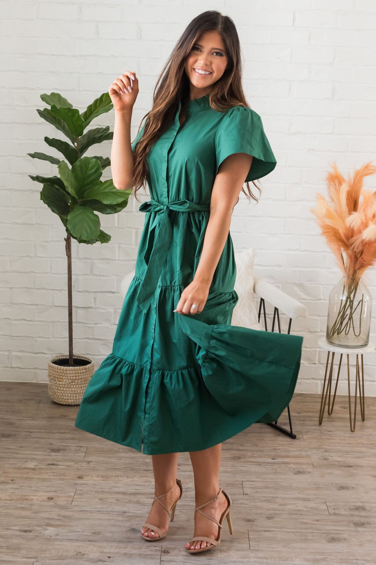 Autumn Ruffle Dress-Emerald Green