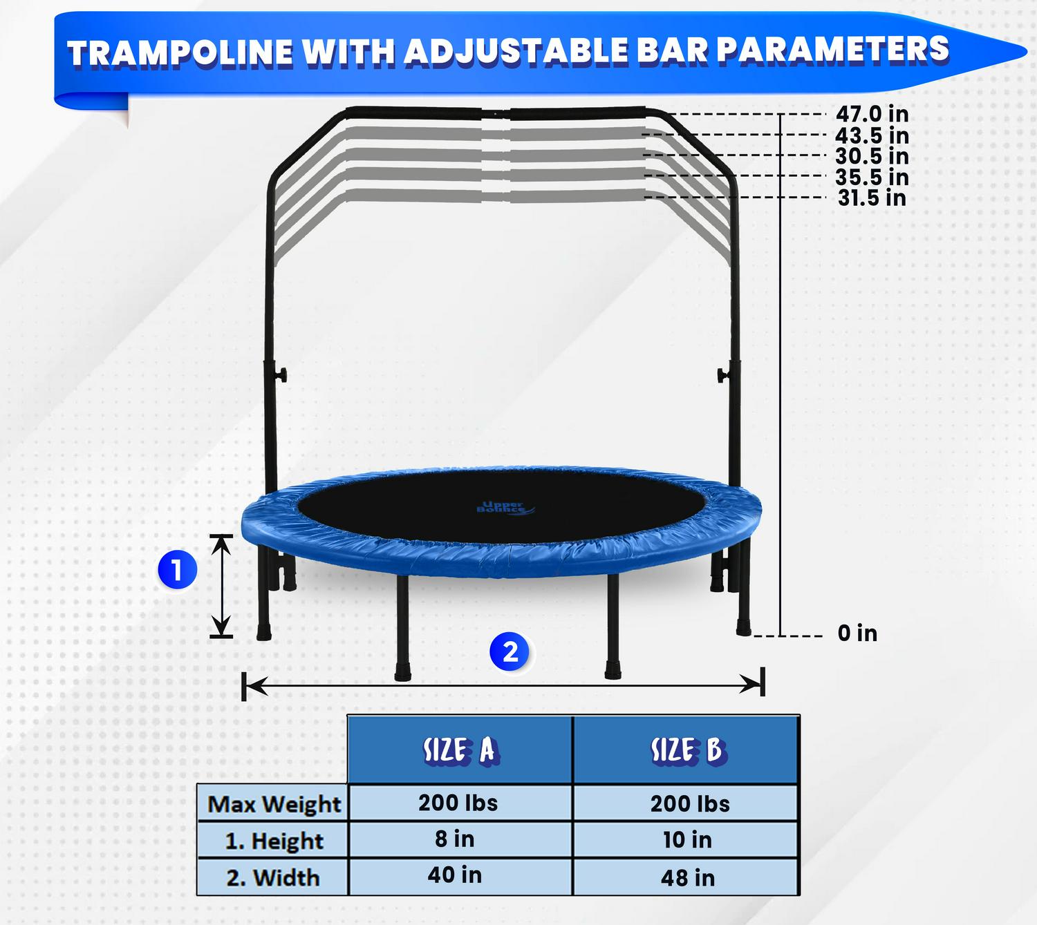 Machrus Upper Bounce 48 Mini Trampoline with Adjustable Handbar a Round Foldable Rebounder Fitness Trampoline for Kids and Adults