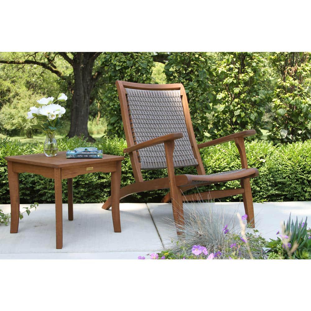 Brown Stained Weather Resistant Eucalyptus Wood Outdoor Lounge Chair with Grey Wicker