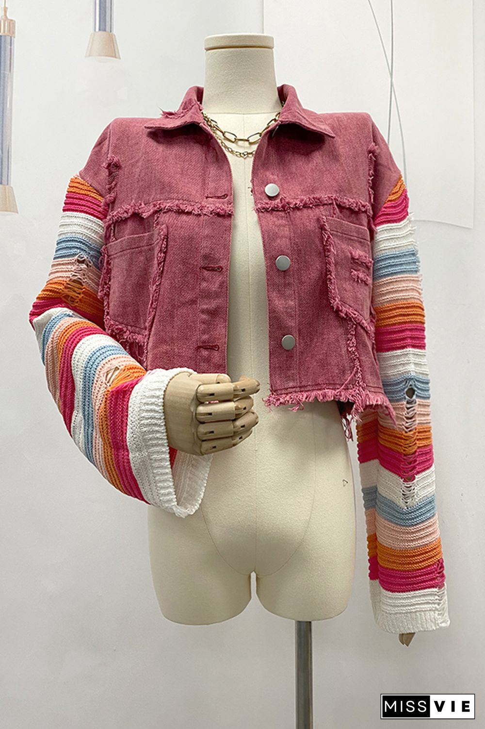 Rainbow Knitting Sleeve Patchwork Ripped Denim Jacket