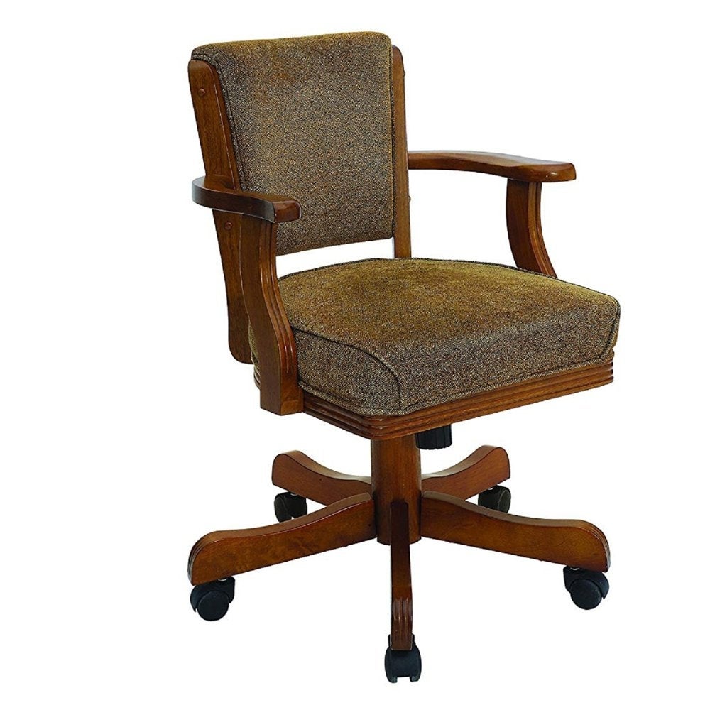 25 Inch Wood Arm Game Chair， Textured Fabric， Caster Wheels， Brown
