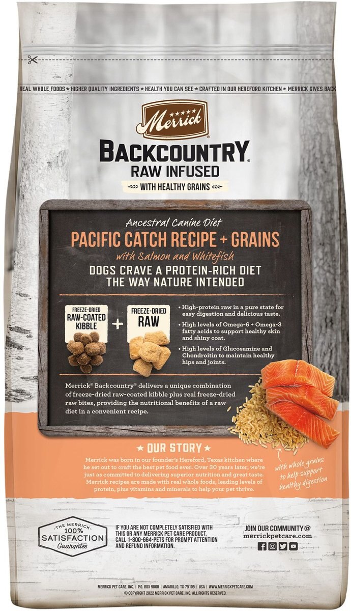 Merrick Backcountry Chicken-Free Raw Infused Pacific Catch Recipe + Grains with Salmon， Whitefish and Trout Freeze-Dried Dry Dog Food