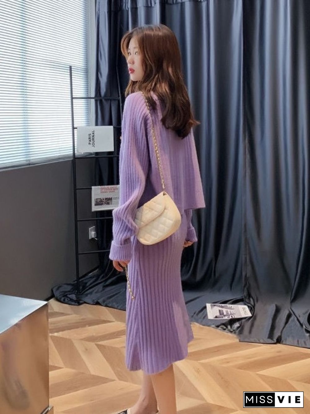 Womans Clothes For Autumn Winter Loose Solid Knitwear Women's Two Piece V-Neck Casual Dress Set Long Sleeve Sweater Skirt