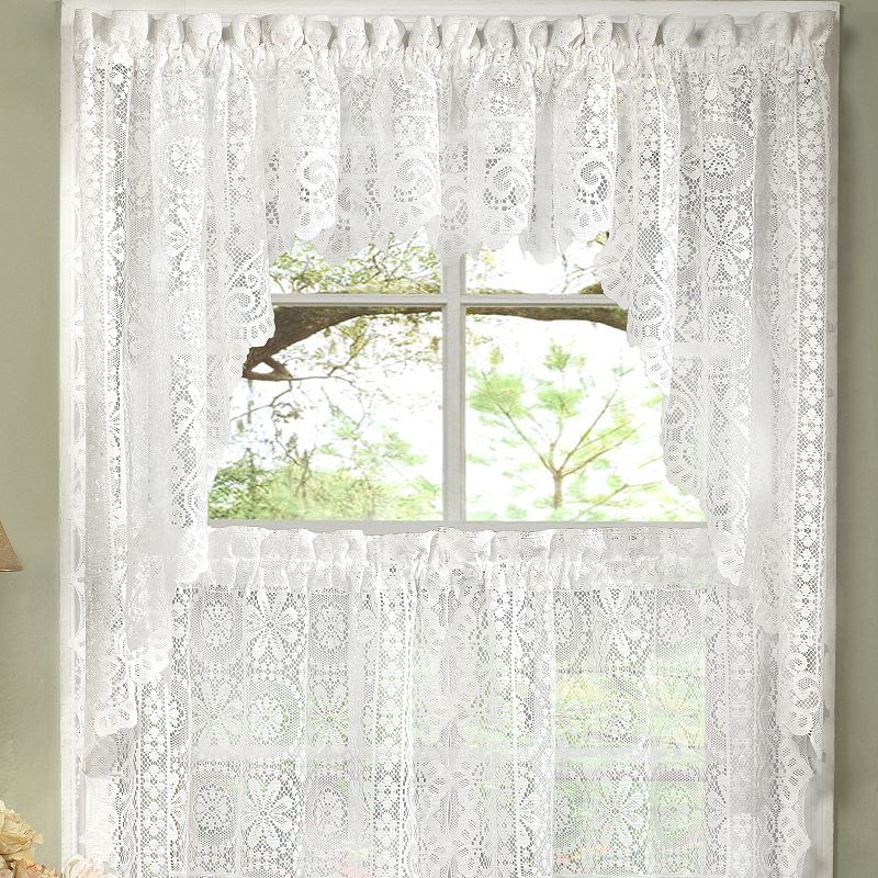 Sweet Home Old World Style Floral Heavy Cream Lace Kitchen Curtain Swag Pair Set