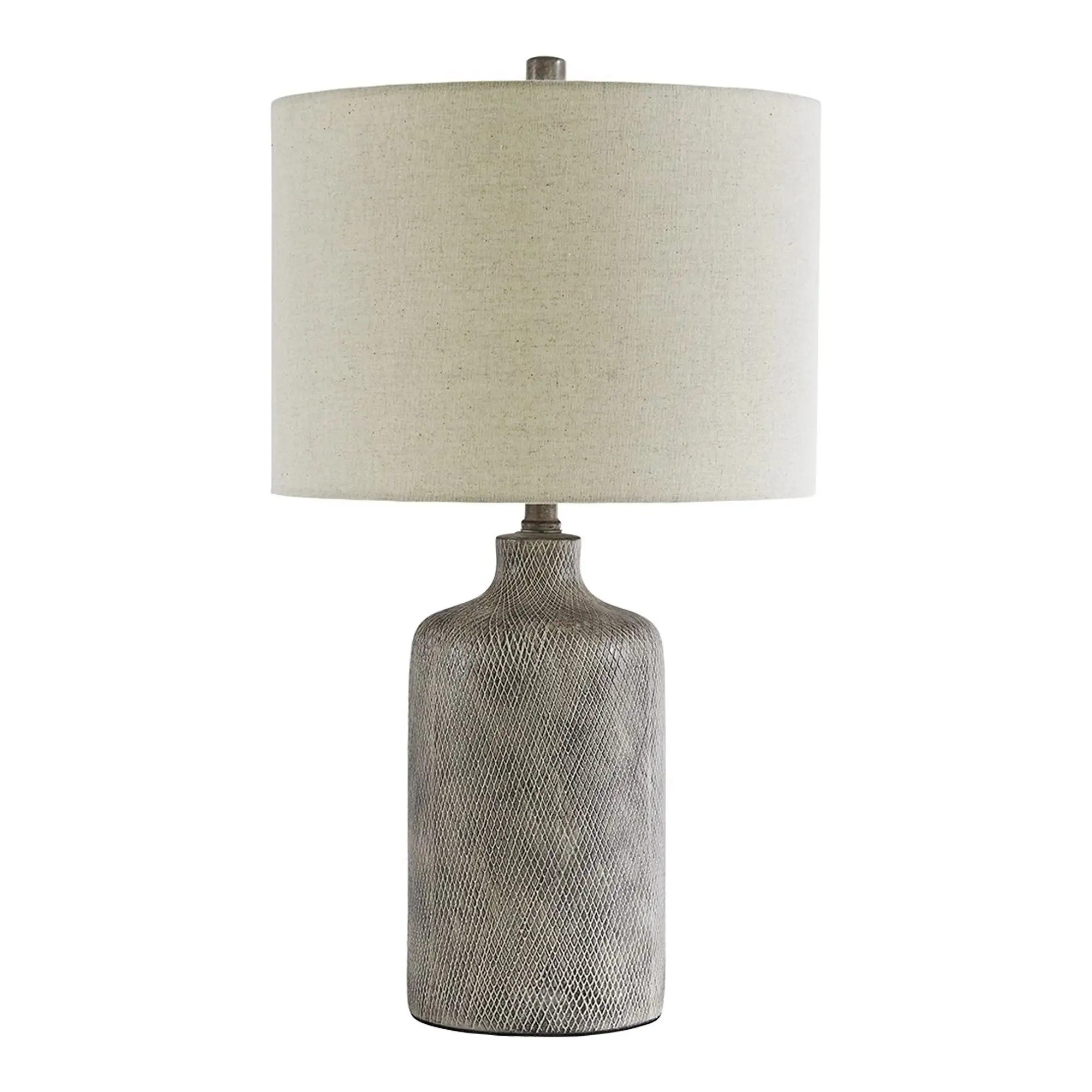 Textured Ceramic Frame Table Lamp with Fabric Shade， Gray and Off White