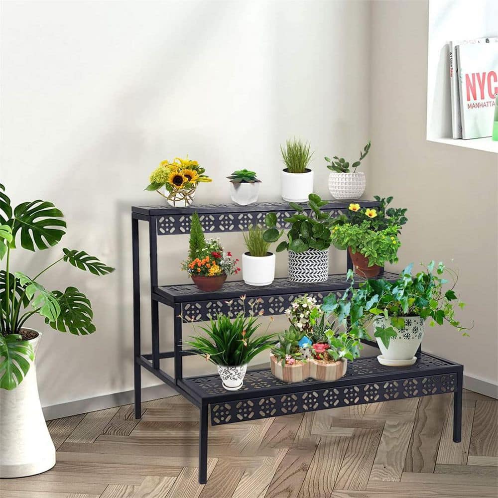 Dyiom Black Ladder Plant Stand 3 Rectangle Layers Stair Style Metal Vintage Shelf Pattern Flower Pot Rack Indoor and Outdoor B09T9PRHL1